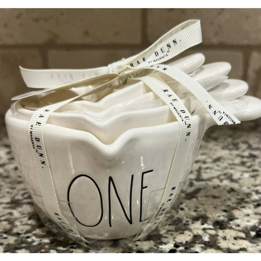 Set Of 4 Rae Dunn Ceramic Measuring Cups Nesting Ivory ONE HALF‎ THIRD QUARTER